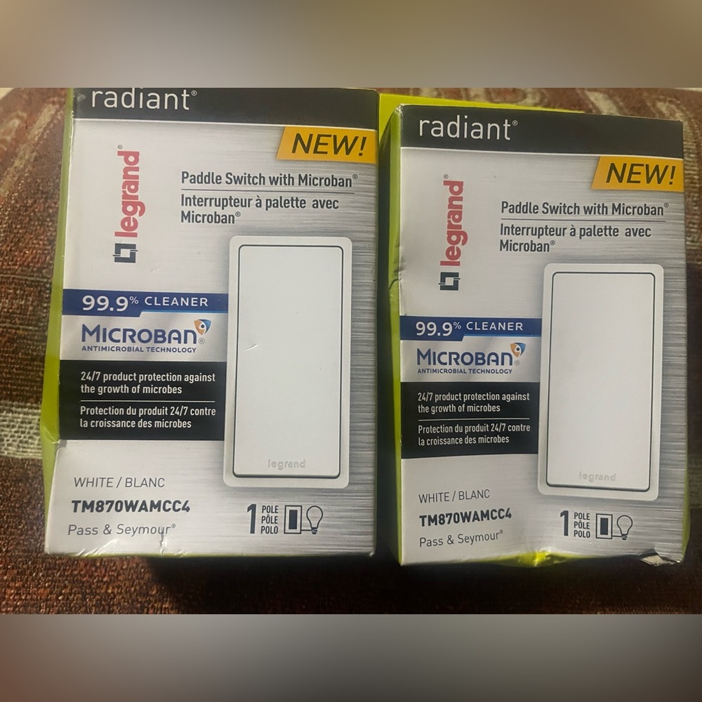 Lot of 2 LeGrand Radiant Paddle (Decora) Switches w/ Microban TM870WAMCC4 White